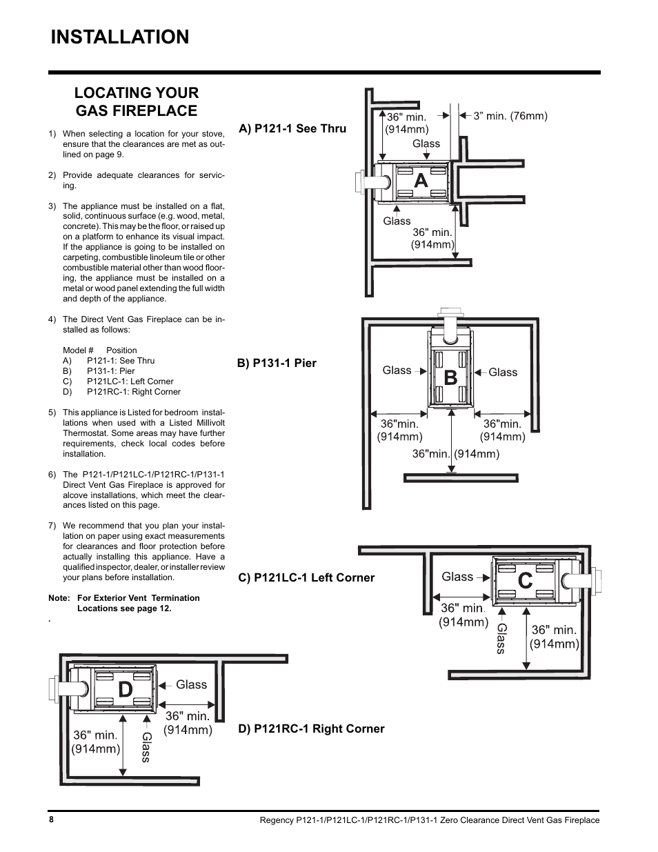Installation, Locating your gas fireplace | Regency P131 User Manual | Page 8 / 44