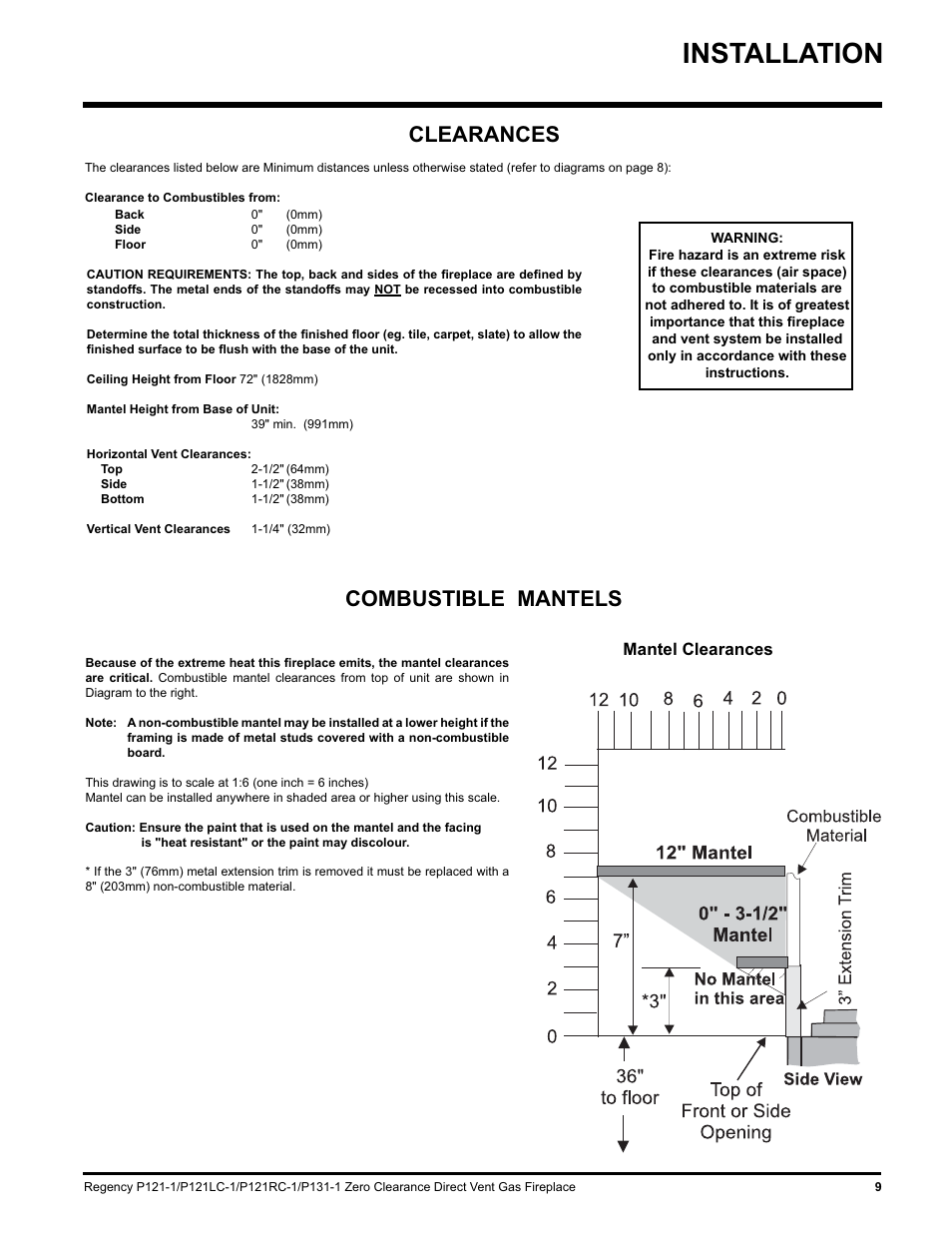 Installation, Combustible mantels clearances, Mantel clearances | Regency P131 User Manual | Page 9 / 44