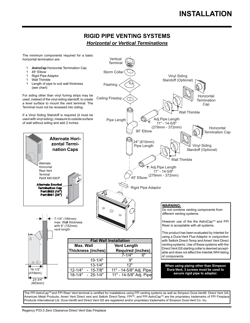 Installation, Rigid pipe venting systems, Horizontal or vertical terminations | Alternate hori- zontal termi- nation caps | Regency P33-NG3 User Manual | Page 13 / 48