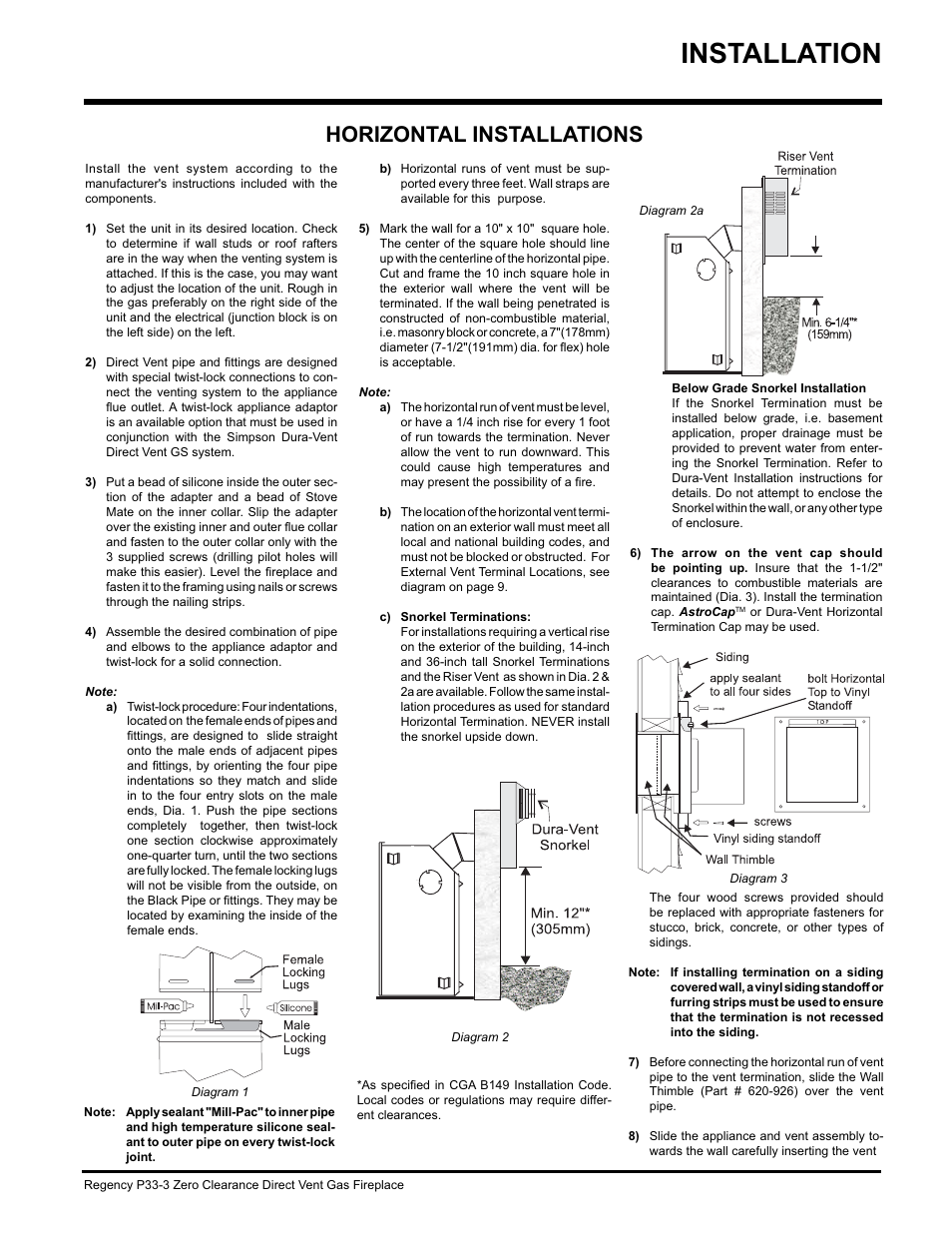 Installation, Horizontal installations | Regency P33-NG3 User Manual | Page 23 / 48