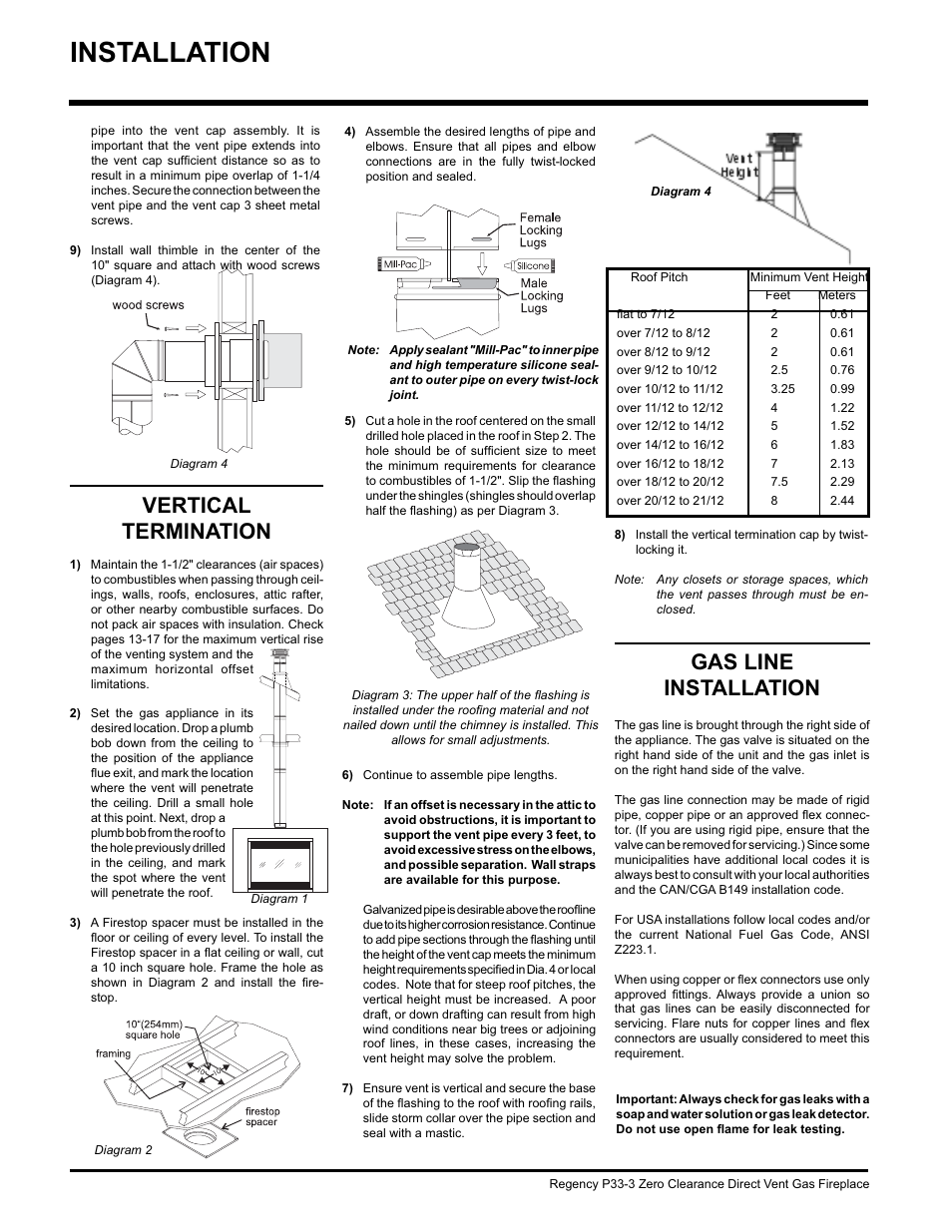 Installation, Gas line installation, Vertical termination | Regency P33-NG3 User Manual | Page 24 / 48