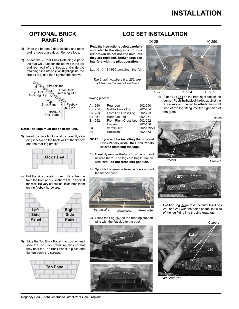 Installation, Optional brick panels, Log set installation | Regency P33-NG3 User Manual | Page 27 / 48