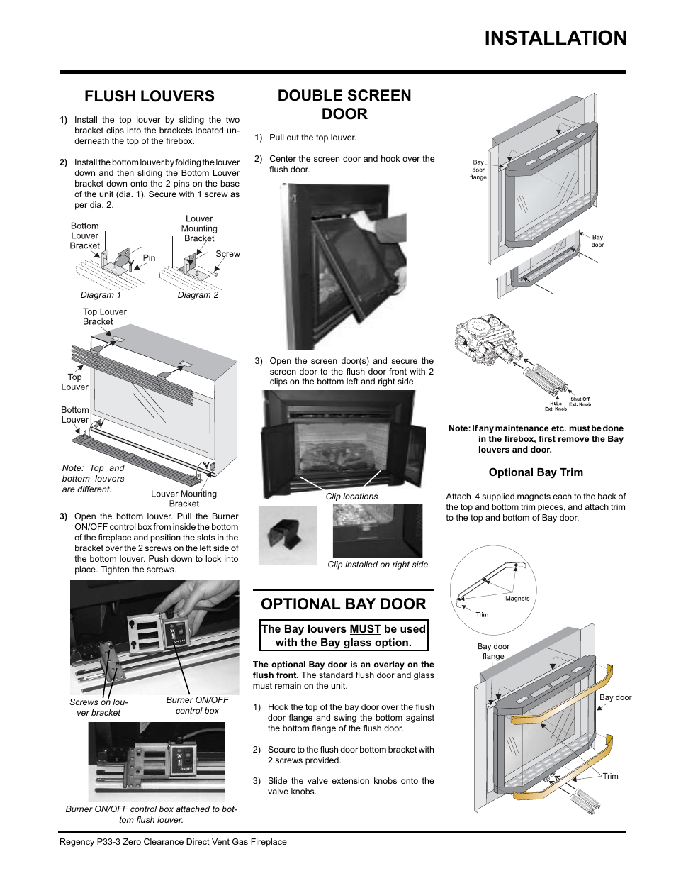 Installation, Optional bay door, Flush louvers | Double screen door | Regency P33-NG3 User Manual | Page 29 / 48