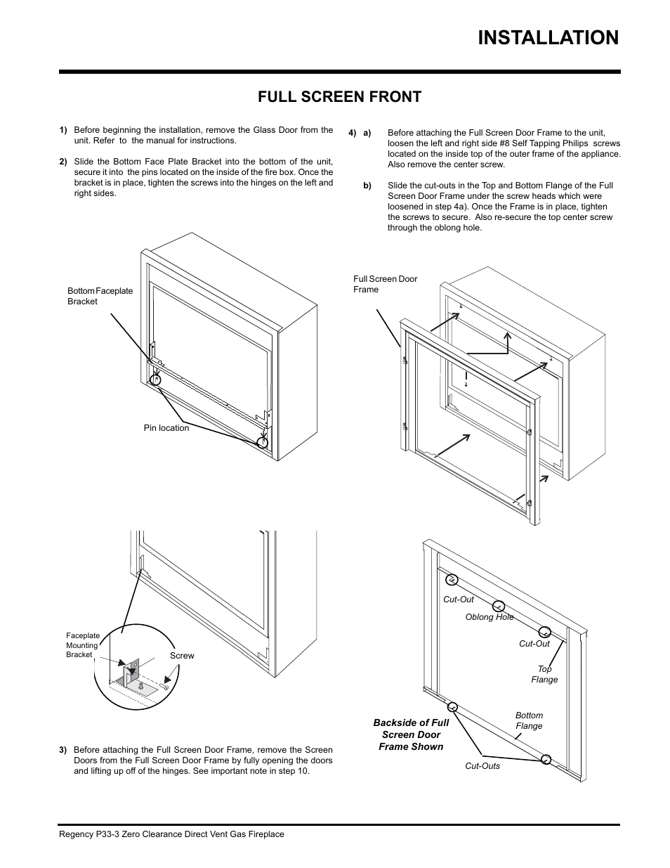 Installation, Full screen front | Regency P33-NG3 User Manual | Page 31 / 48