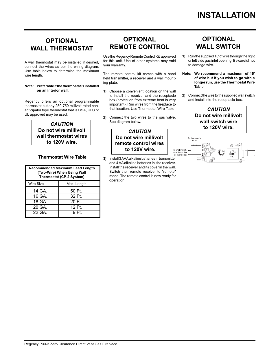 Installation, Optional wall thermostat, Optional remote control | Optional wall switch | Regency P33-NG3 User Manual | Page 33 / 48
