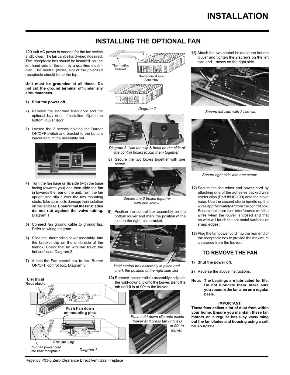 Installation, Installing the optional fan | Regency P33-NG3 User Manual | Page 35 / 48