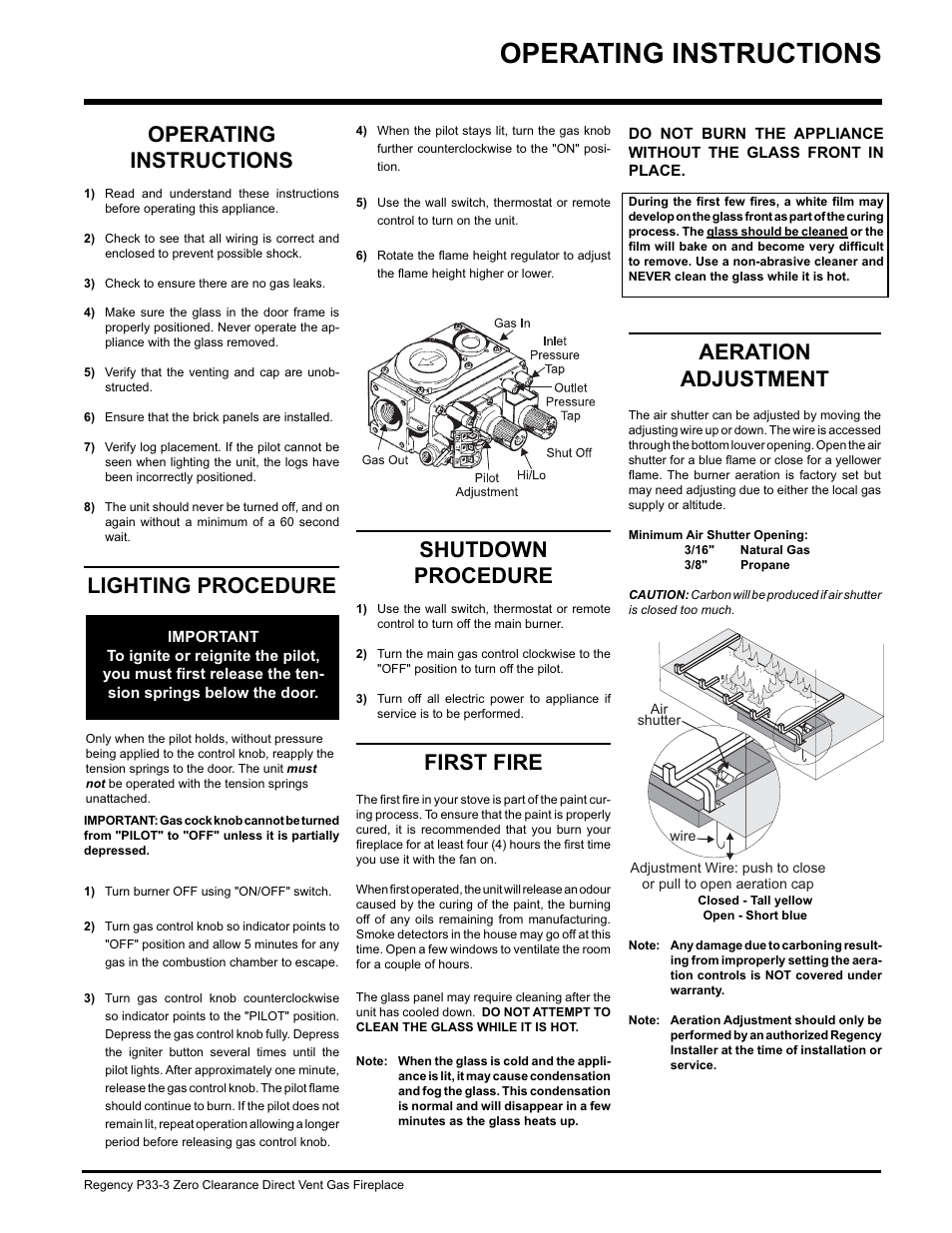 Operating instructions, Aeration adjustment, Shutdown procedure | First fire, Lighting procedure | Regency P33-NG3 User Manual | Page 37 / 48