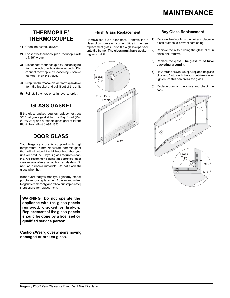 Maintenance, Thermopile/ thermocouple, Glass gasket | Door glass | Regency P33-NG3 User Manual | Page 39 / 48