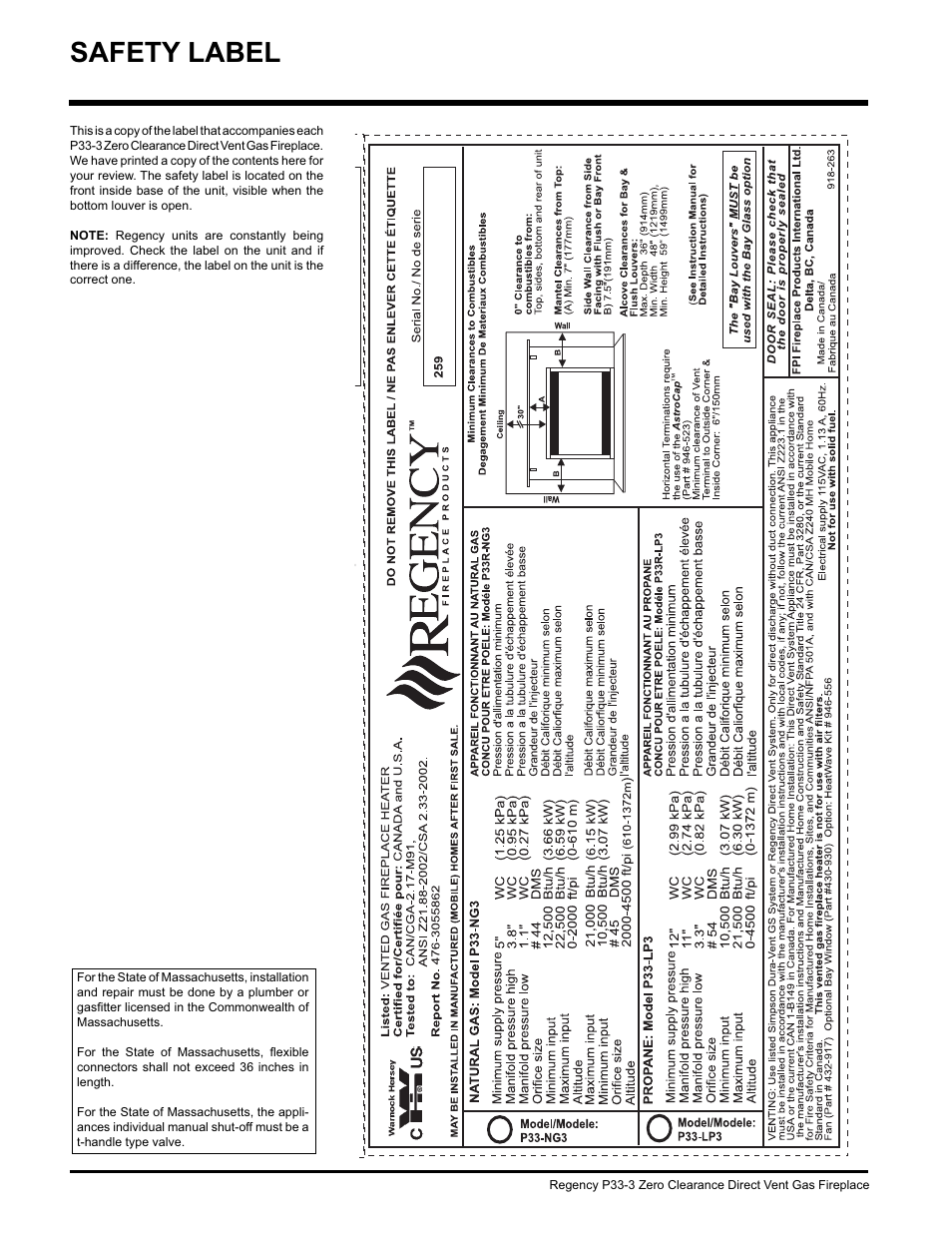 Safety label | Regency P33-NG3 User Manual | Page 4 / 48