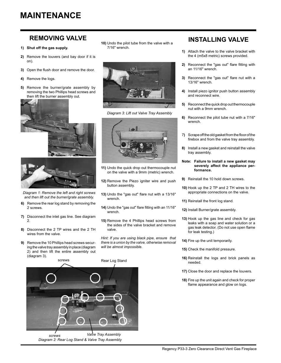 Maintenance, Removing valve, Installing valve | Regency P33-NG3 User Manual | Page 40 / 48