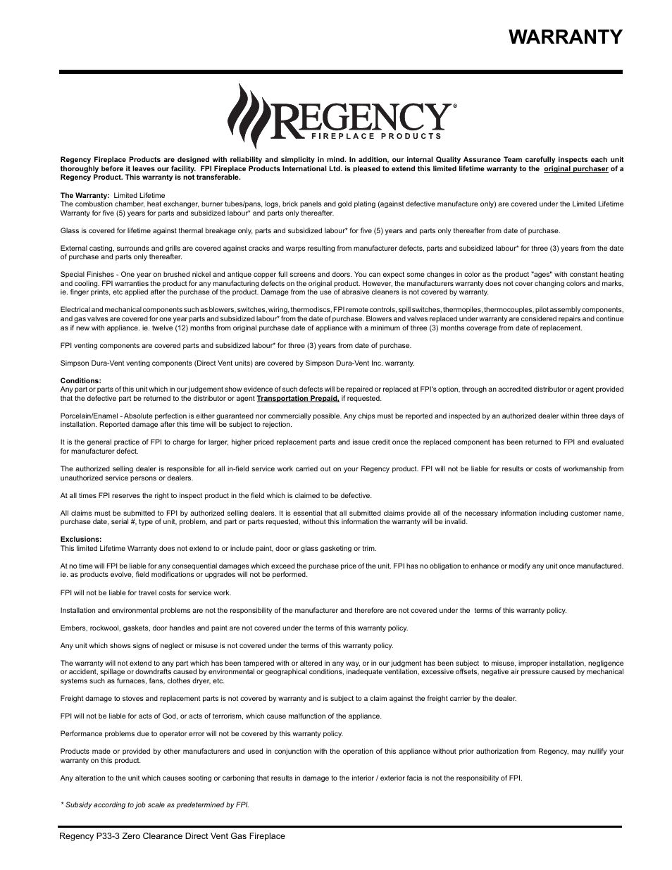 Warranty | Regency P33-NG3 User Manual | Page 47 / 48