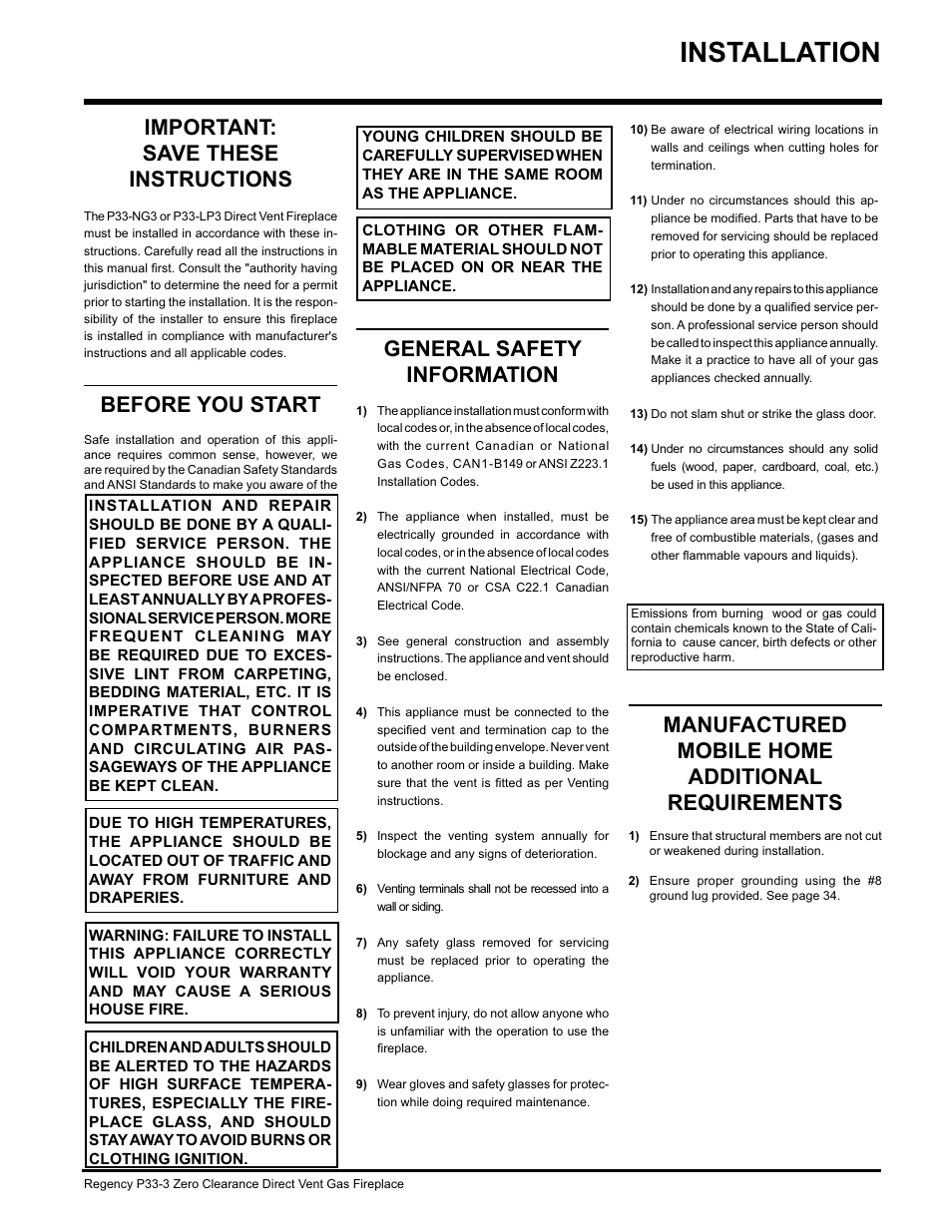 Installation, Important: save these instructions, Before you start | General safety information, Manufactured mobile home additional requirements | Regency P33-NG3 User Manual | Page 5 / 48