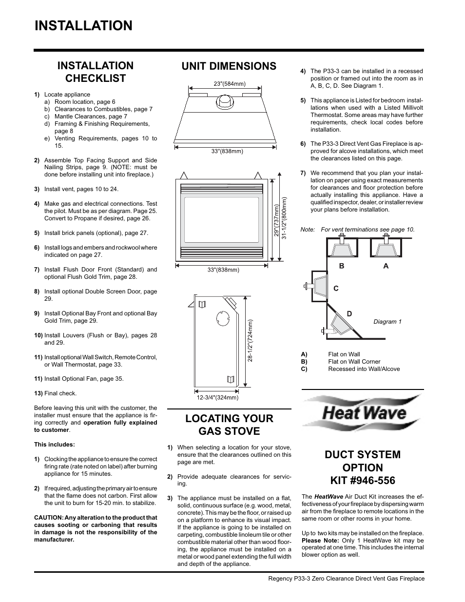 Installation, Installation checklist, Locating your gas stove | Unit dimensions | Regency P33-NG3 User Manual | Page 6 / 48