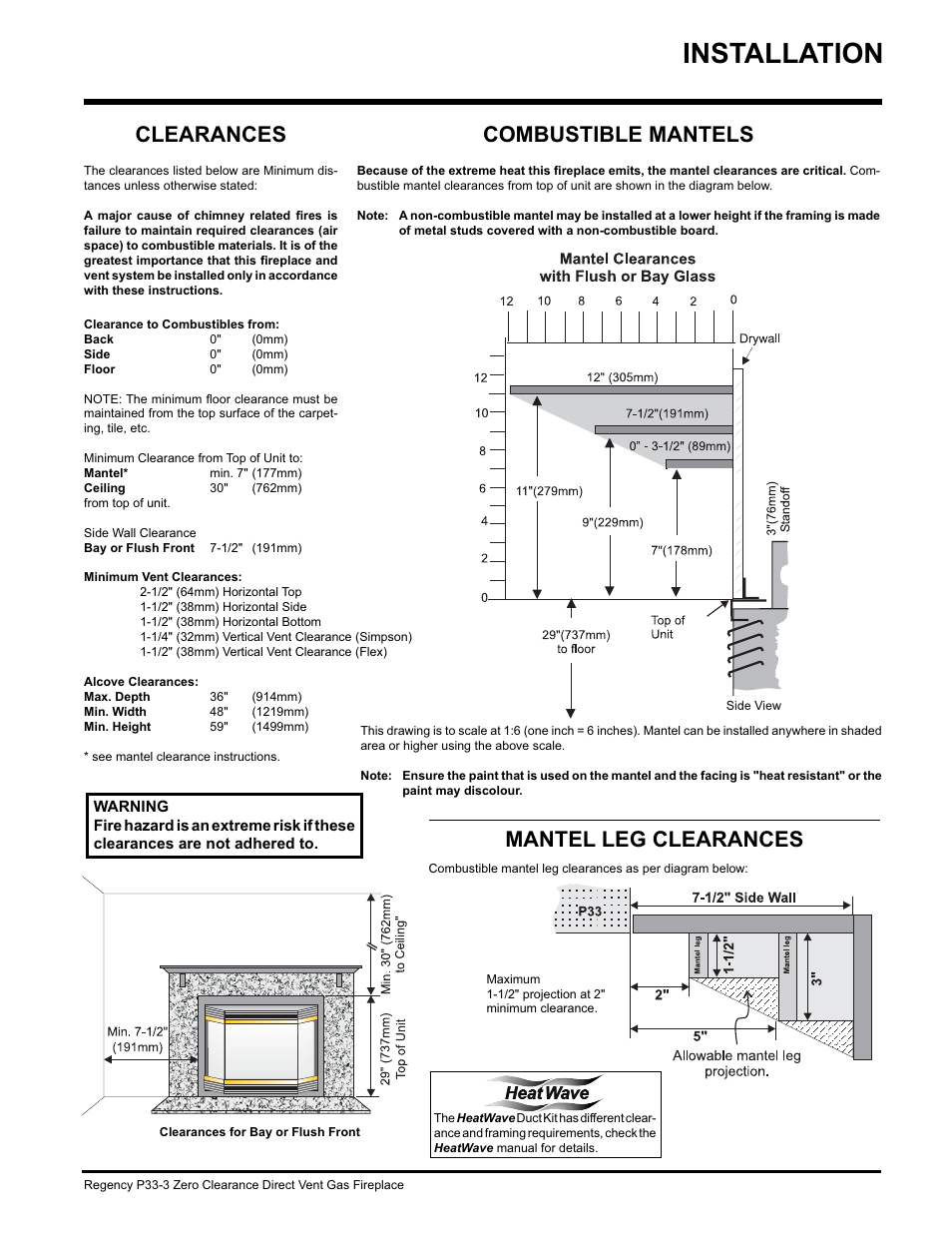 Installation, Combustible mantels, Mantel leg clearances | Clearances | Regency P33-NG3 User Manual | Page 7 / 48