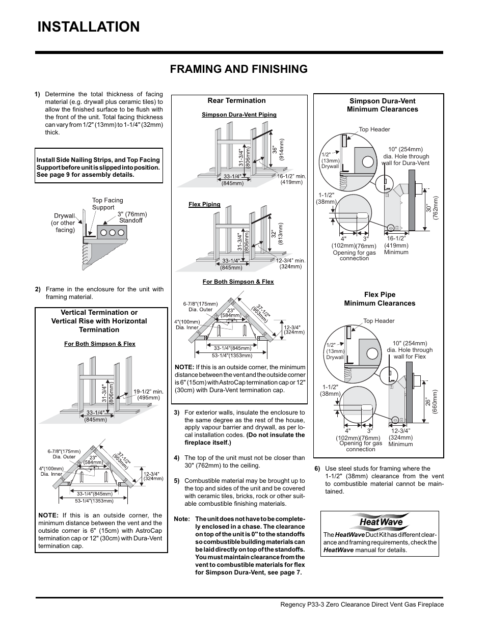 Installation, Framing and finishing | Regency P33-NG3 User Manual | Page 8 / 48