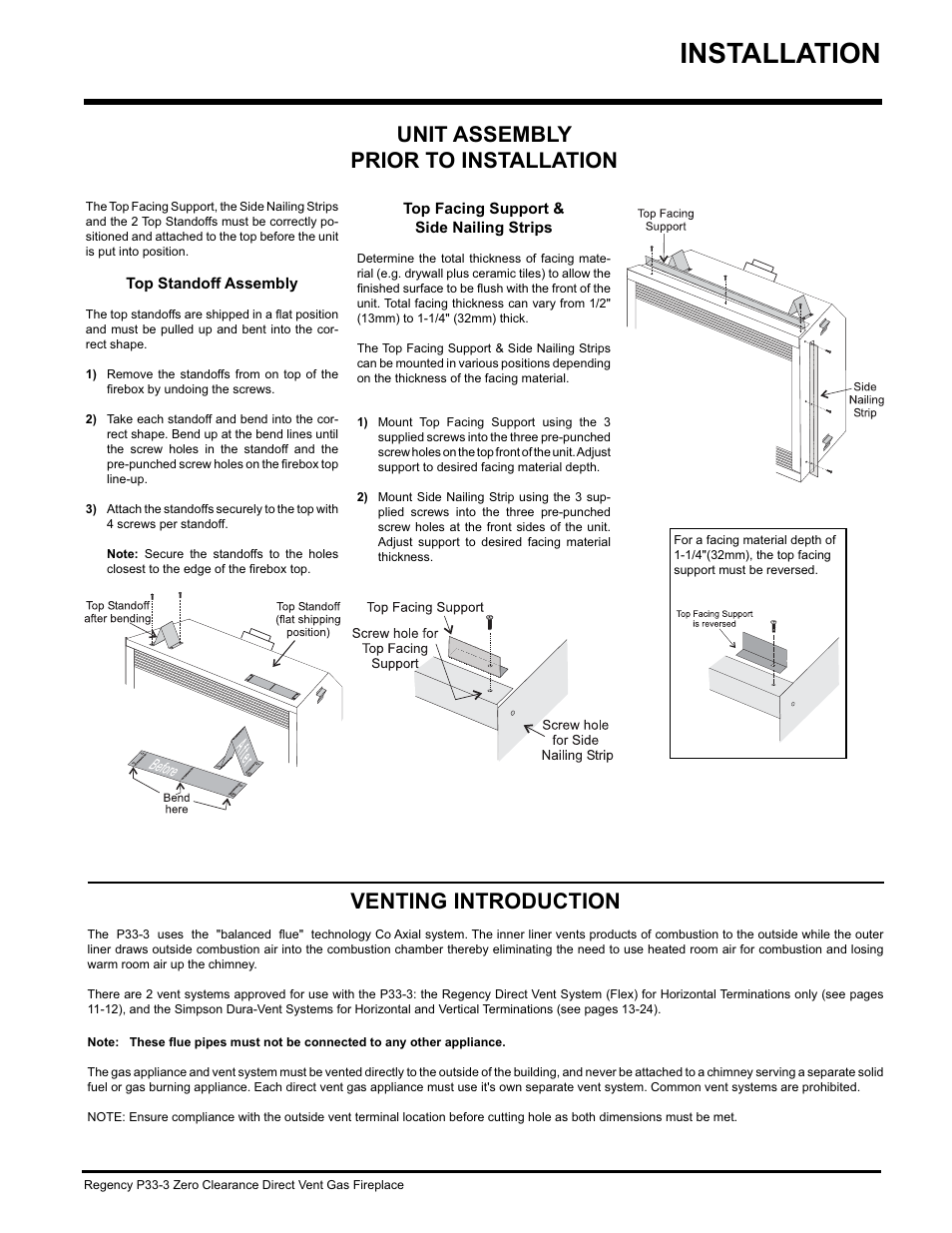 Installation, Unit assembly prior to installation, Venting introduction | Regency P33-NG3 User Manual | Page 9 / 48