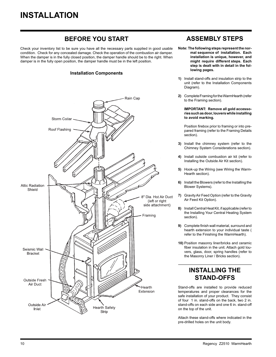 Installation, Assembly steps, Installing the stand-offs | Before you start | Regency WARMHEARTH Z2510L User Manual | Page 10 / 24