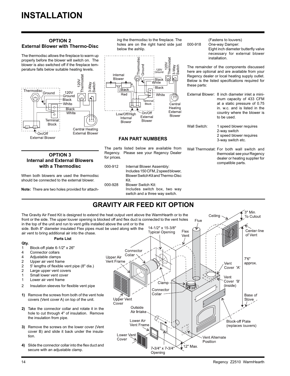 Installation, Gravity air feed kit option | Regency WARMHEARTH Z2510L User Manual | Page 14 / 24