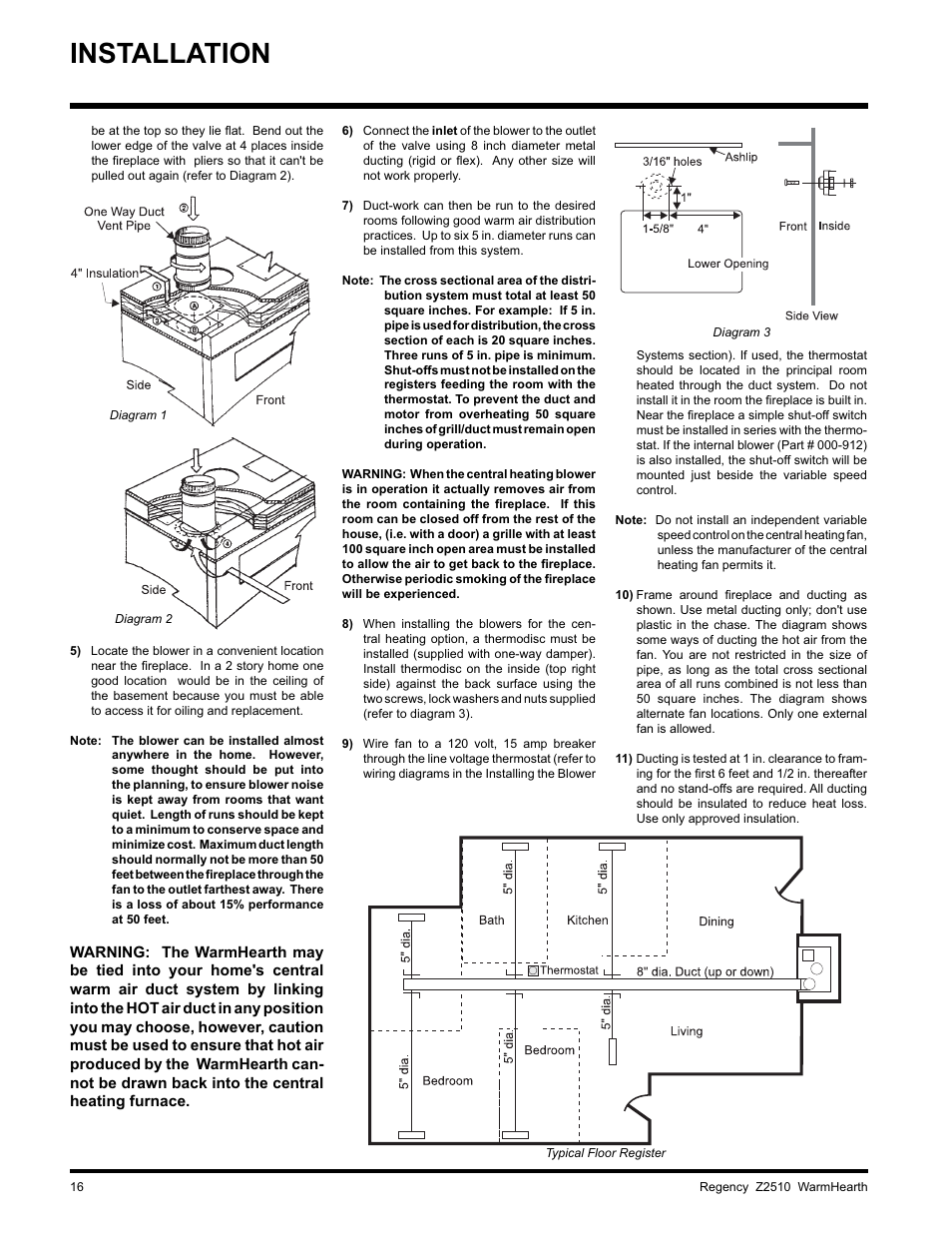 Installation | Regency WARMHEARTH Z2510L User Manual | Page 16 / 24