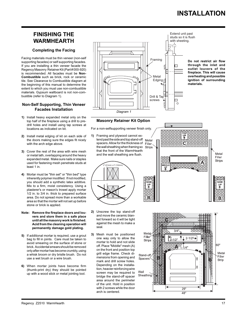 Installation, Finishing the warmhearth, Completing the facing | Masonry retainer kit option, Framing metal edging | Regency WARMHEARTH Z2510L User Manual | Page 17 / 24