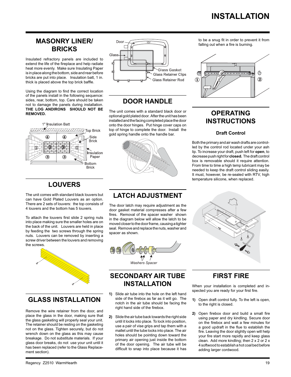 Installation, Masonry liner/ bricks, Louvers | Glass installation, Door handle, Latch adjustment, Secondary air tube installation, Operating instructions, First fire | Regency WARMHEARTH Z2510L User Manual | Page 19 / 24