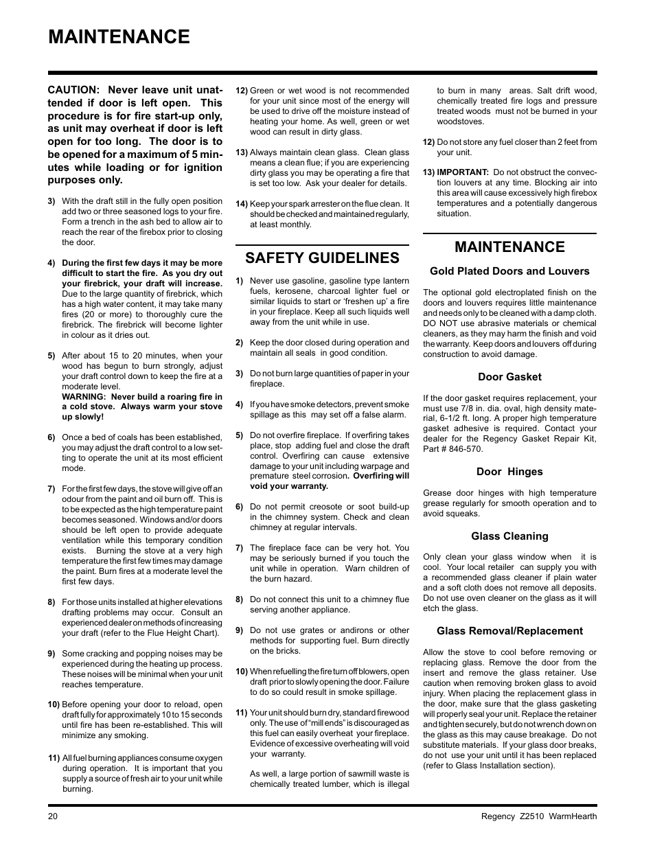 Maintenance, Safety guidelines | Regency WARMHEARTH Z2510L User Manual | Page 20 / 24