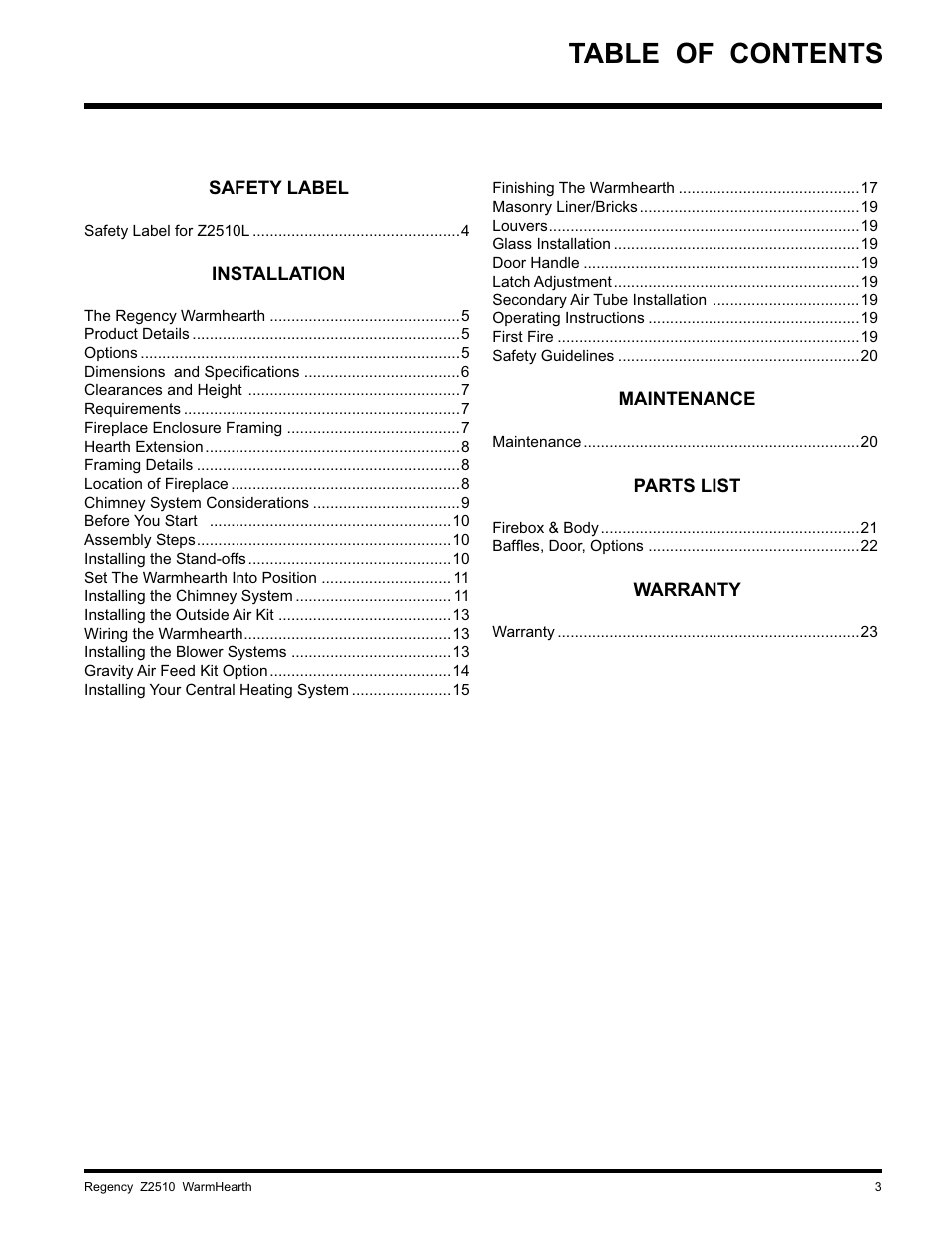 Regency WARMHEARTH Z2510L User Manual | Page 3 / 24
