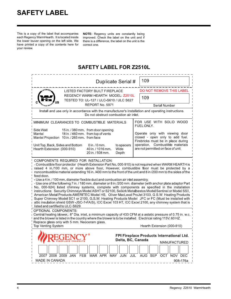 Safety label, Safety label for z2510l | Regency WARMHEARTH Z2510L User Manual | Page 4 / 24