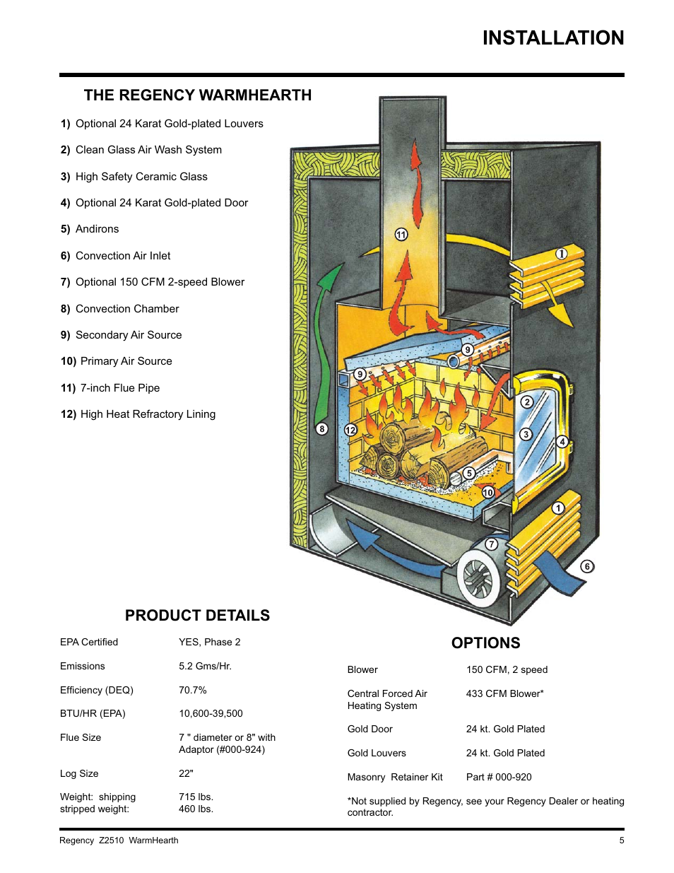 Installation, The regency warmhearth, Product details | Options | Regency WARMHEARTH Z2510L User Manual | Page 5 / 24
