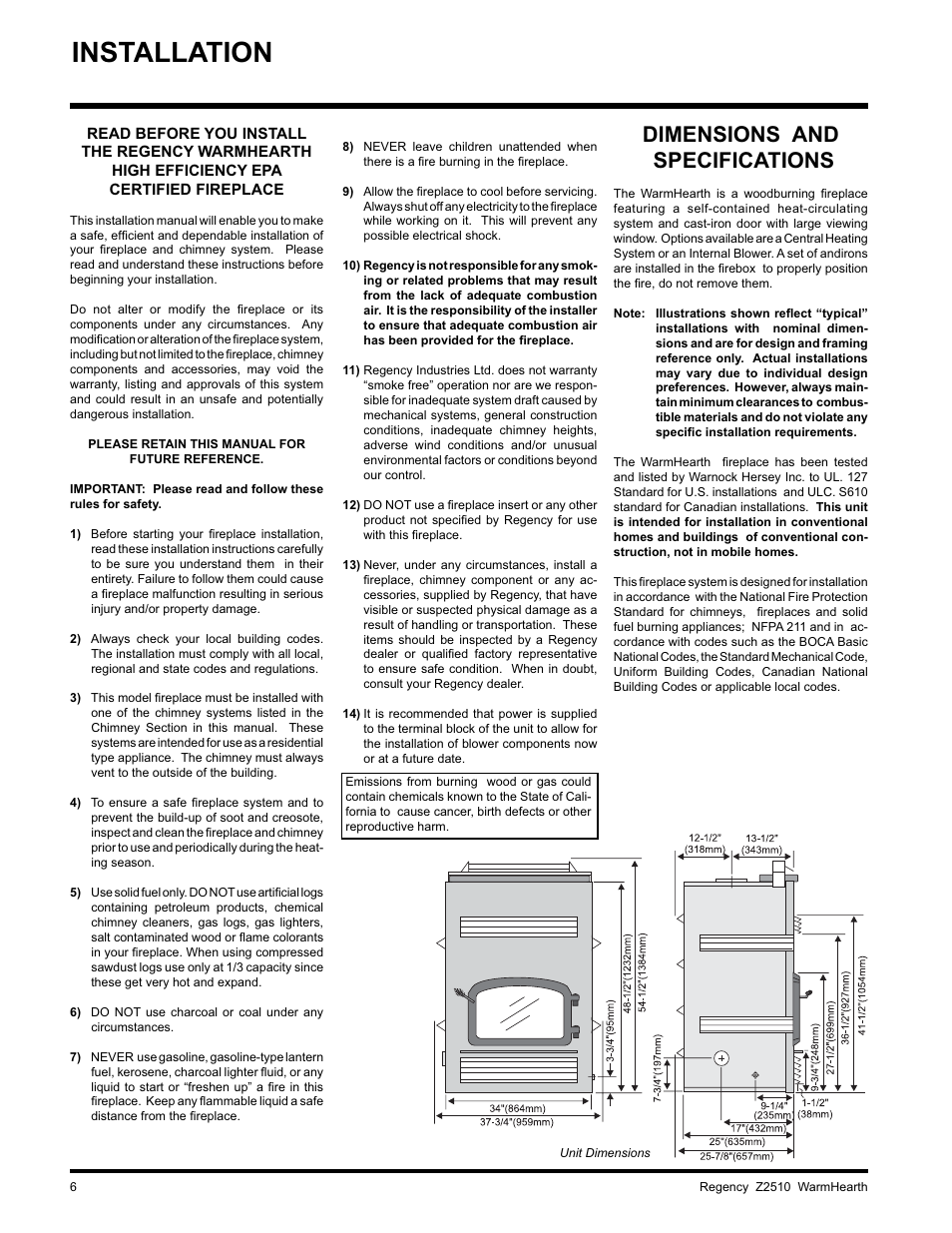 Installation, Dimensions and specifications | Regency WARMHEARTH Z2510L User Manual | Page 6 / 24