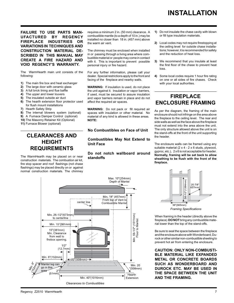 Installation, Clearances and height requirements, Fireplace enclosure framing | Regency WARMHEARTH Z2510L User Manual | Page 7 / 24