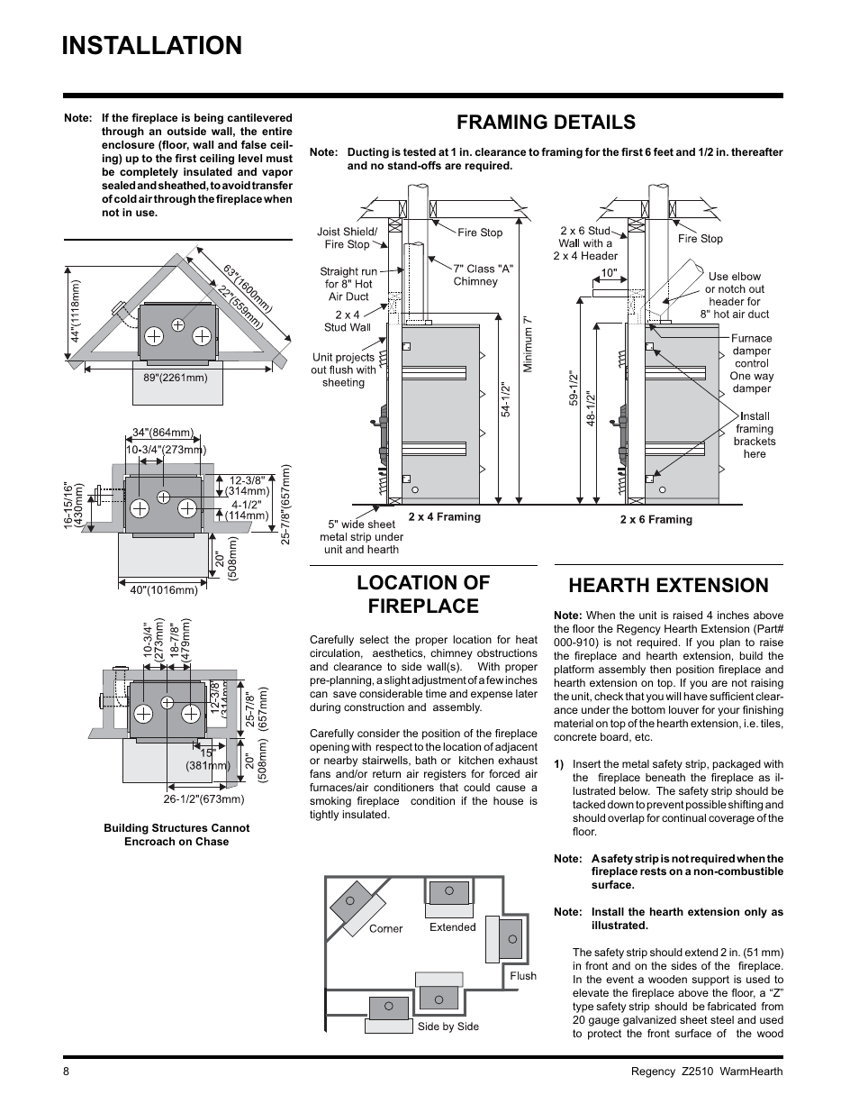 Installation, Hearth extension, Framing details | Location of fireplace | Regency WARMHEARTH Z2510L User Manual | Page 8 / 24