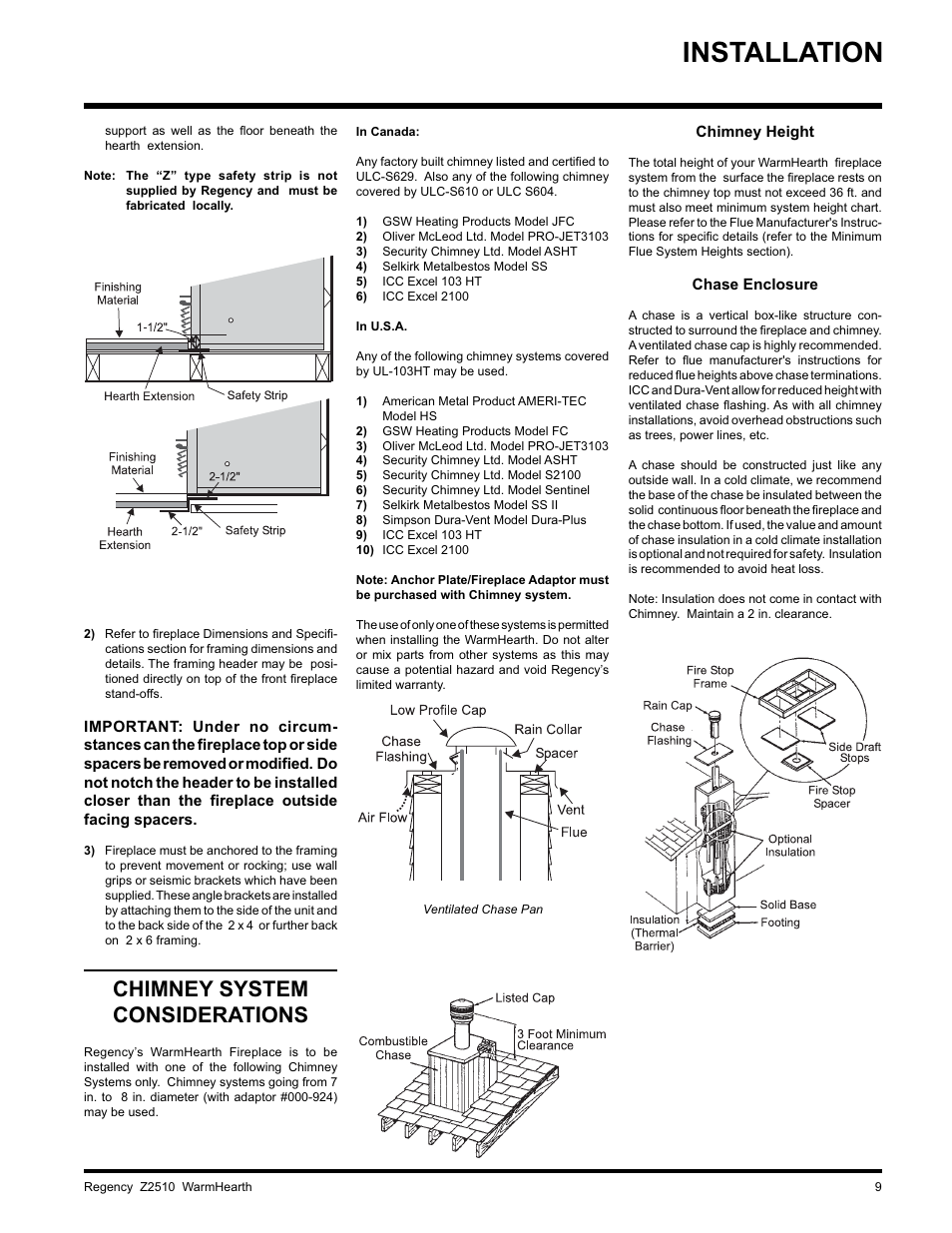 Installation, Chimney system considerations | Regency WARMHEARTH Z2510L User Manual | Page 9 / 24