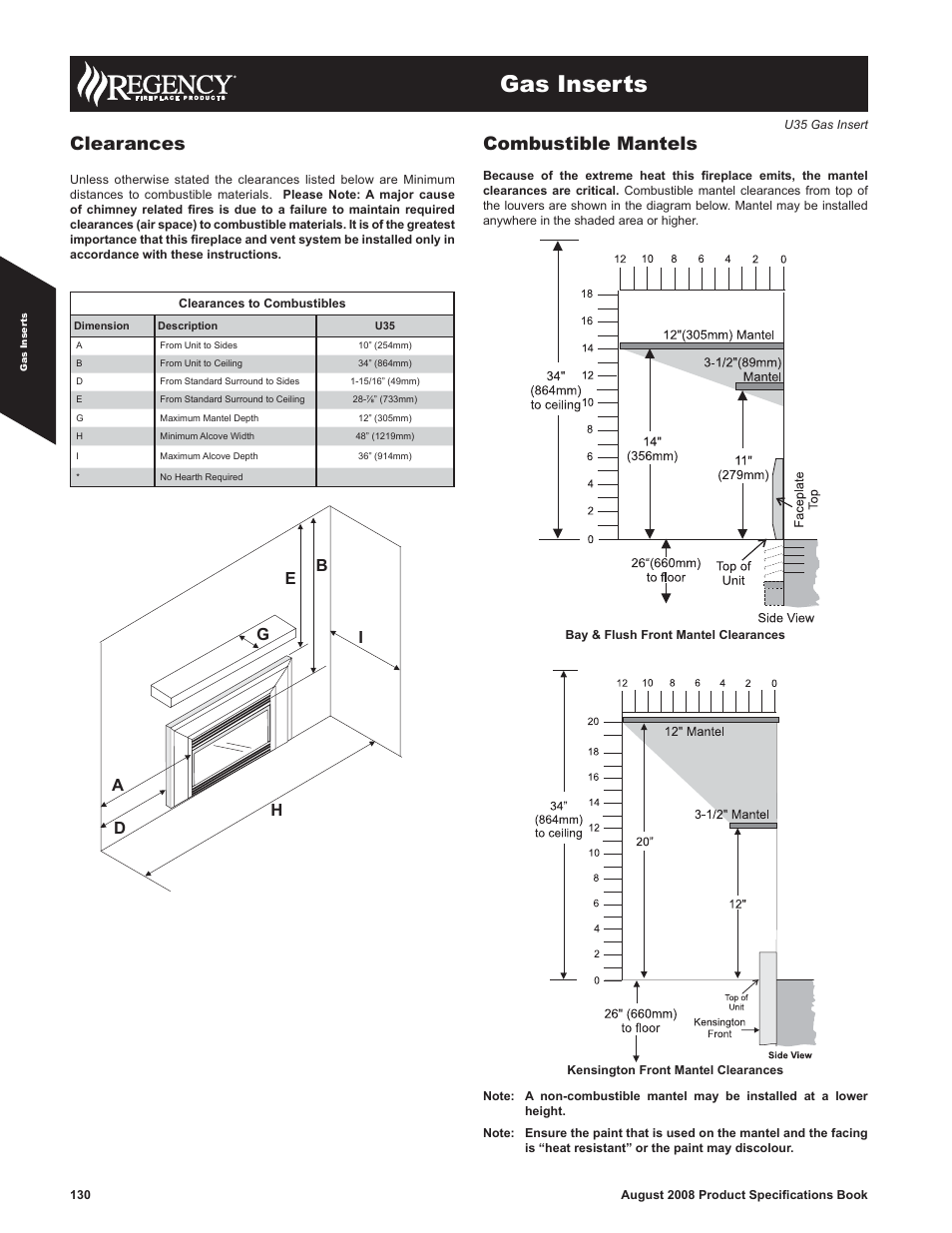 Gas inserts, Clearances, Combustible mantels | Regency Gas Insert U35-LP1 User Manual | Page 2 / 2