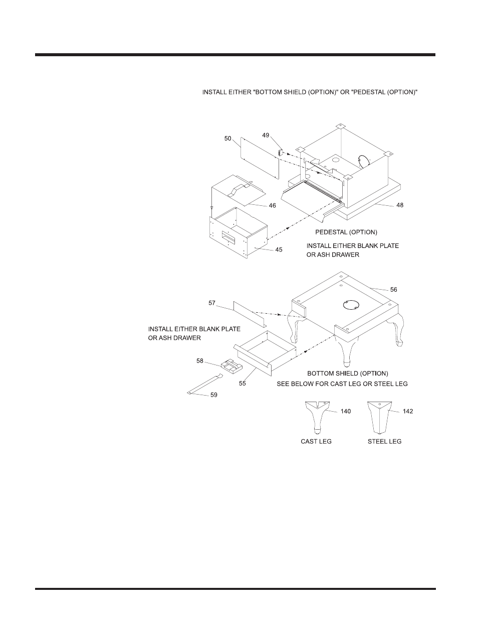 Parts list, Pedestal, bottom shield & leg options | Regency S3100L User Manual | Page 24 / 28