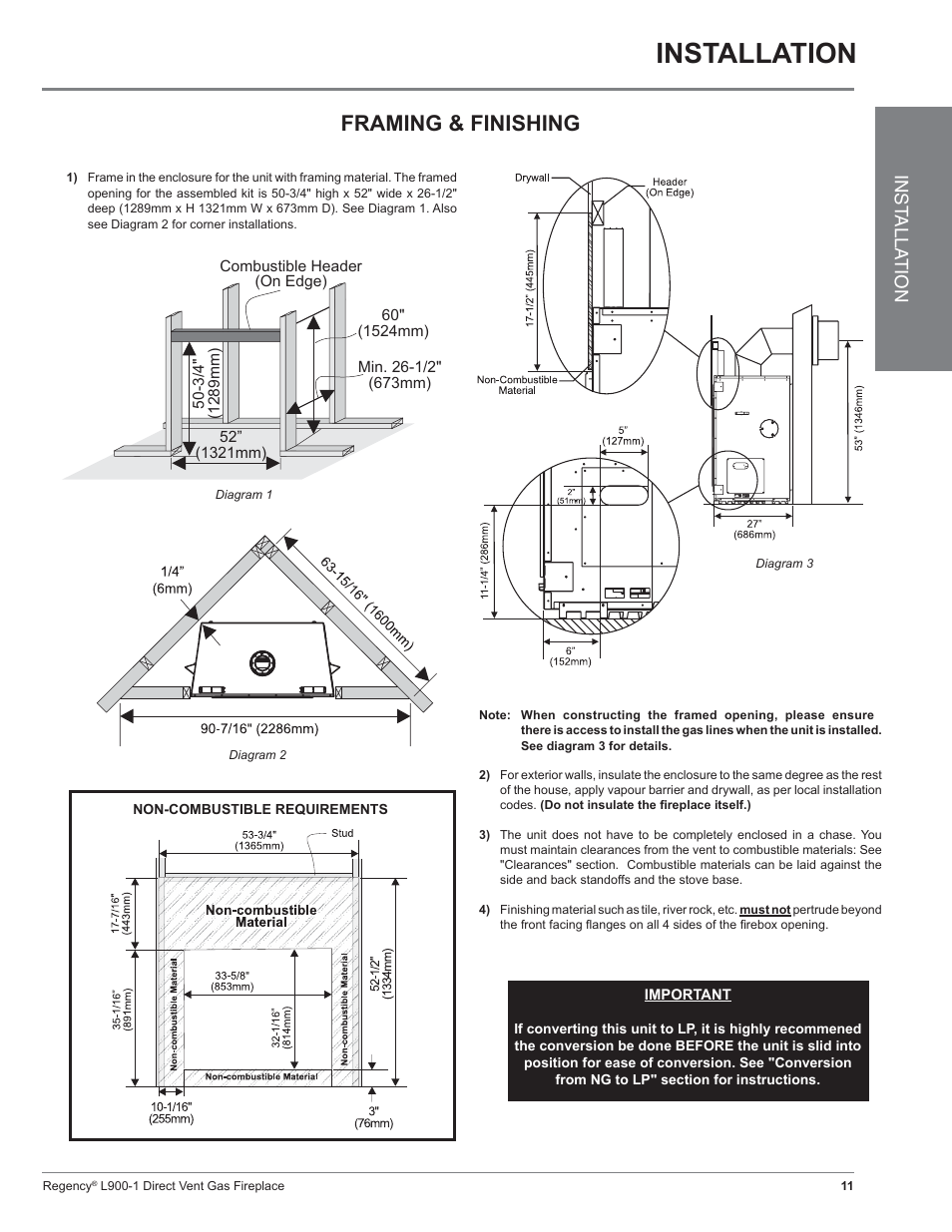 Installation, Framing & finishing, Inst alla tion | Regency Liberty L900-1 User Manual | Page 11 / 48