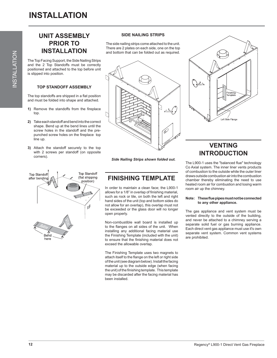 Installation, Unit assembly prior to installation, Finishing template | Venting introduction | Regency Liberty L900-1 User Manual | Page 12 / 48