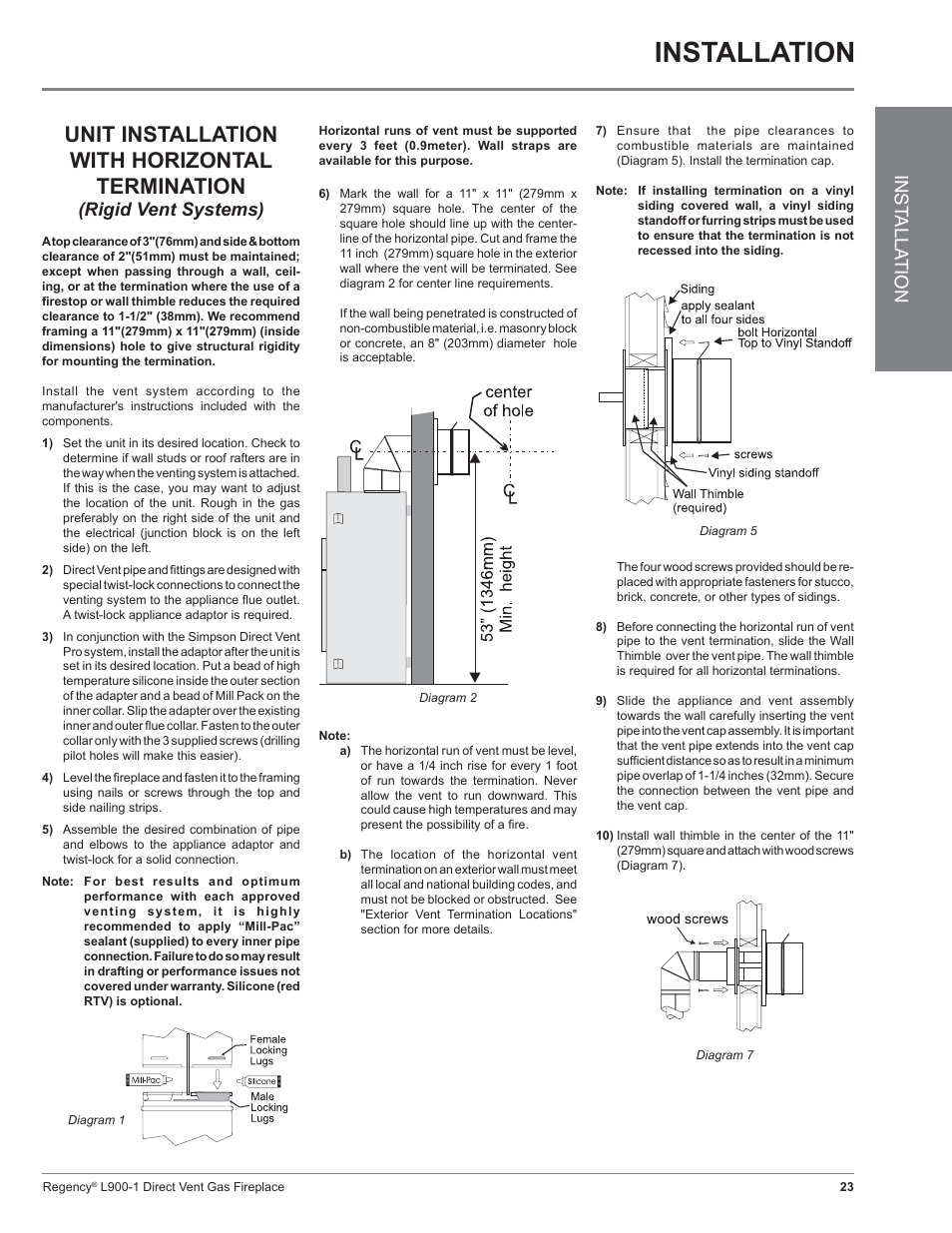 Installation, Unit installation with horizontal termination, Inst alla tion | Rigid vent systems) | Regency Liberty L900-1 User Manual | Page 23 / 48