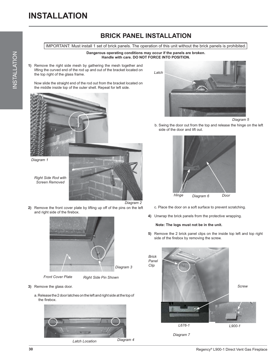 Installation, Brick panel installation, Inst alla tion | Regency Liberty L900-1 User Manual | Page 30 / 48