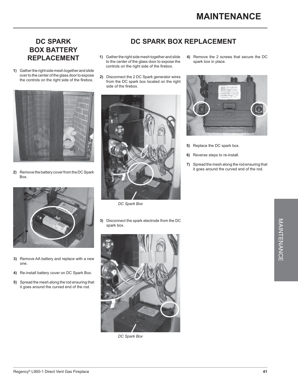 Dc spark box replacement, Dc spark box battery replacement, Maintenance | Regency Liberty L900-1 User Manual | Page 41 / 48