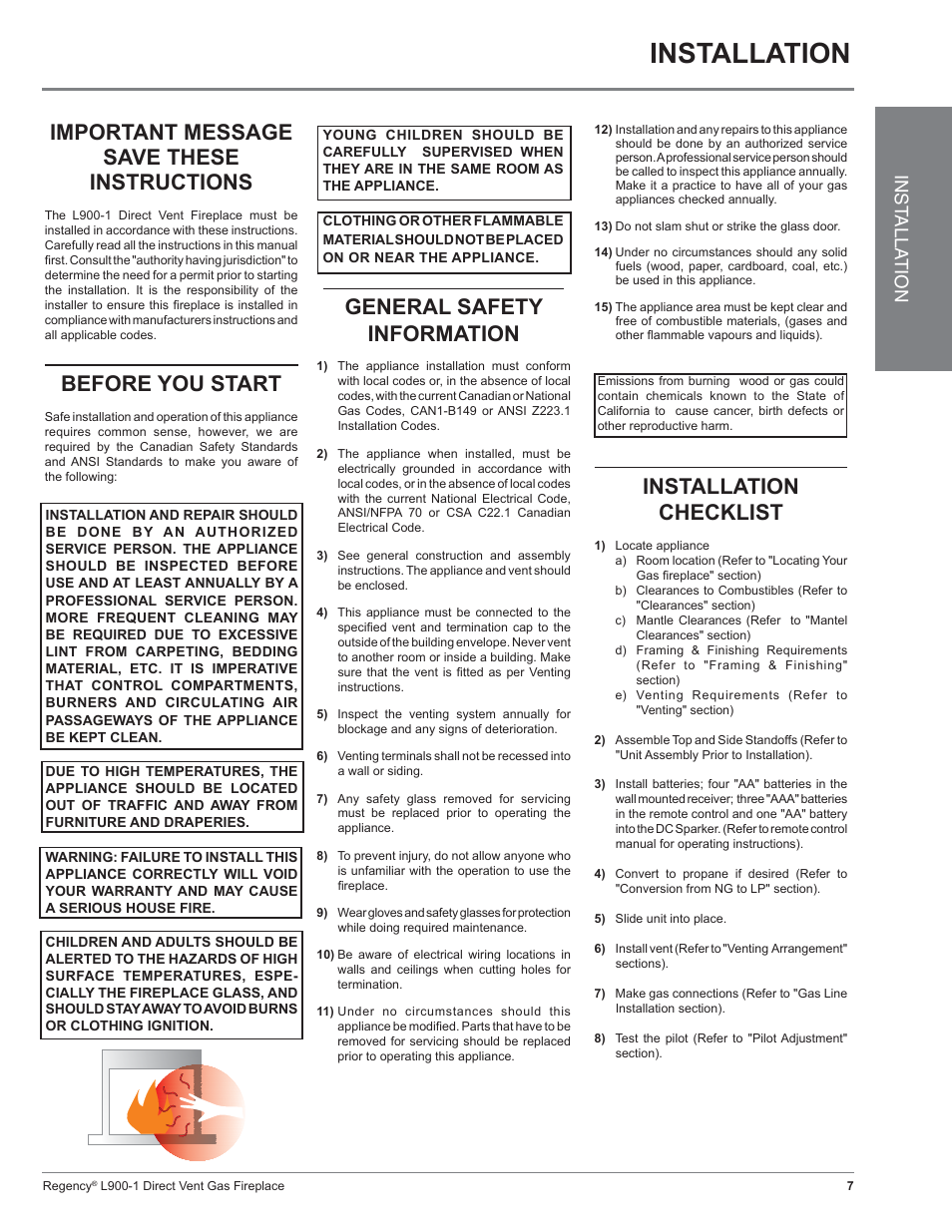 Installation, Installation checklist, Important message save these instructions | Before you start, General safety information, Inst alla tion | Regency Liberty L900-1 User Manual | Page 7 / 48