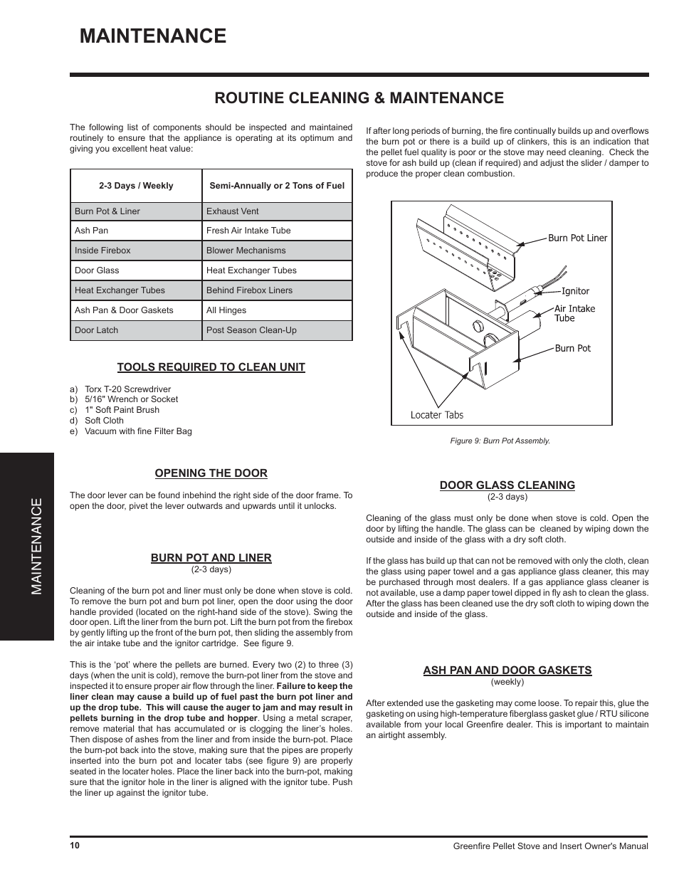 Routine cleaning & maintenance, Maintenance | Regency Freestanding and Fireplace Insert Pellet Stove GF55 User Manual | Page 10 / 16