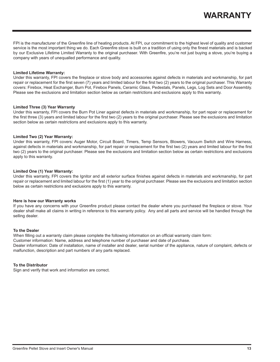 Warranty | Regency Freestanding and Fireplace Insert Pellet Stove GF55 User Manual | Page 13 / 16