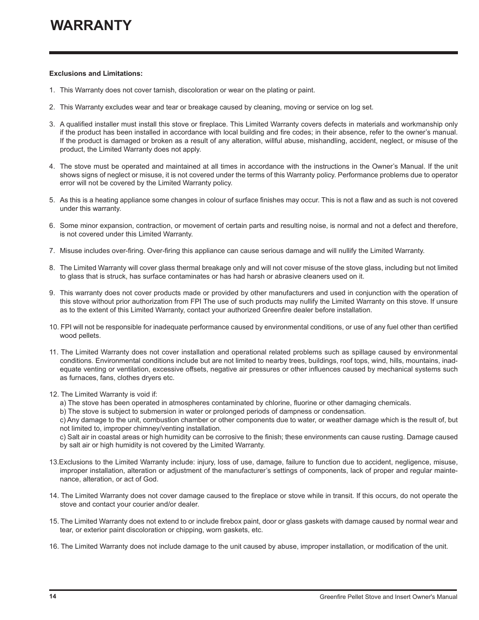 Warranty | Regency Freestanding and Fireplace Insert Pellet Stove GF55 User Manual | Page 14 / 16