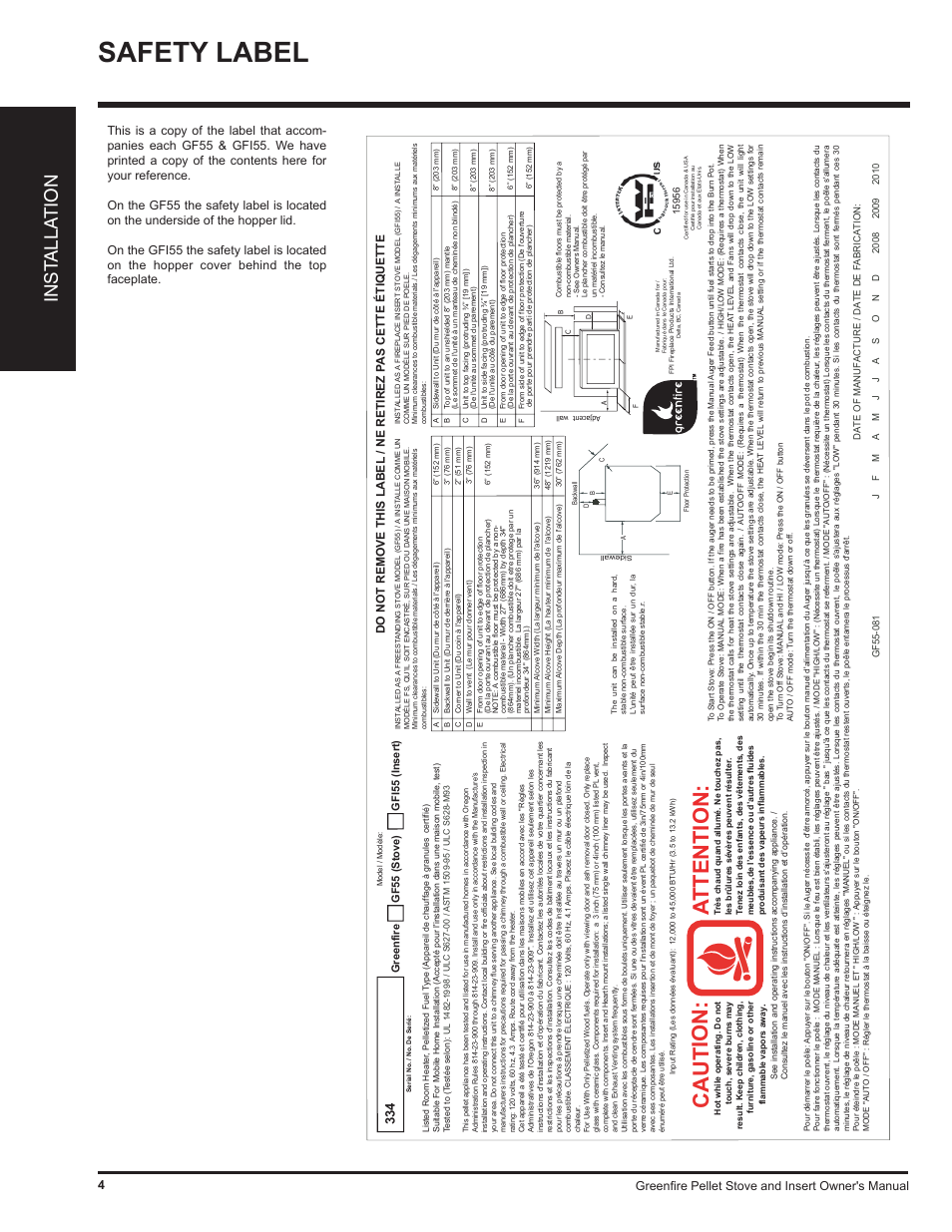 Safety label, Caution, Attention | Inst alla tion | Regency Freestanding and Fireplace Insert Pellet Stove GF55 User Manual | Page 4 / 16