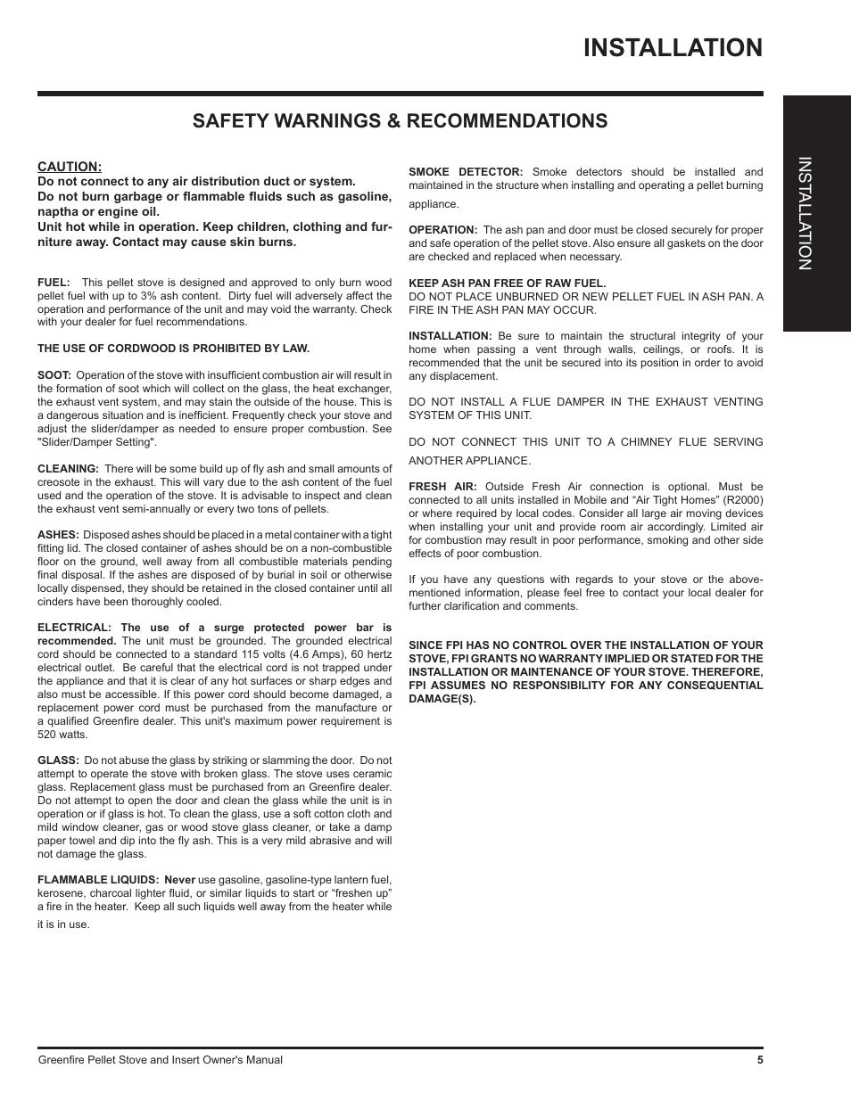 Installation, Safety warnings & recommendations, Inst alla tion | Regency Freestanding and Fireplace Insert Pellet Stove GF55 User Manual | Page 5 / 16