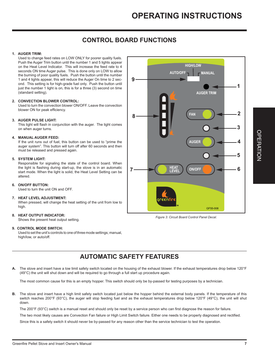 Operating instructions, Control board functions automatic safety features, Opera tion | Regency Freestanding and Fireplace Insert Pellet Stove GF55 User Manual | Page 7 / 16