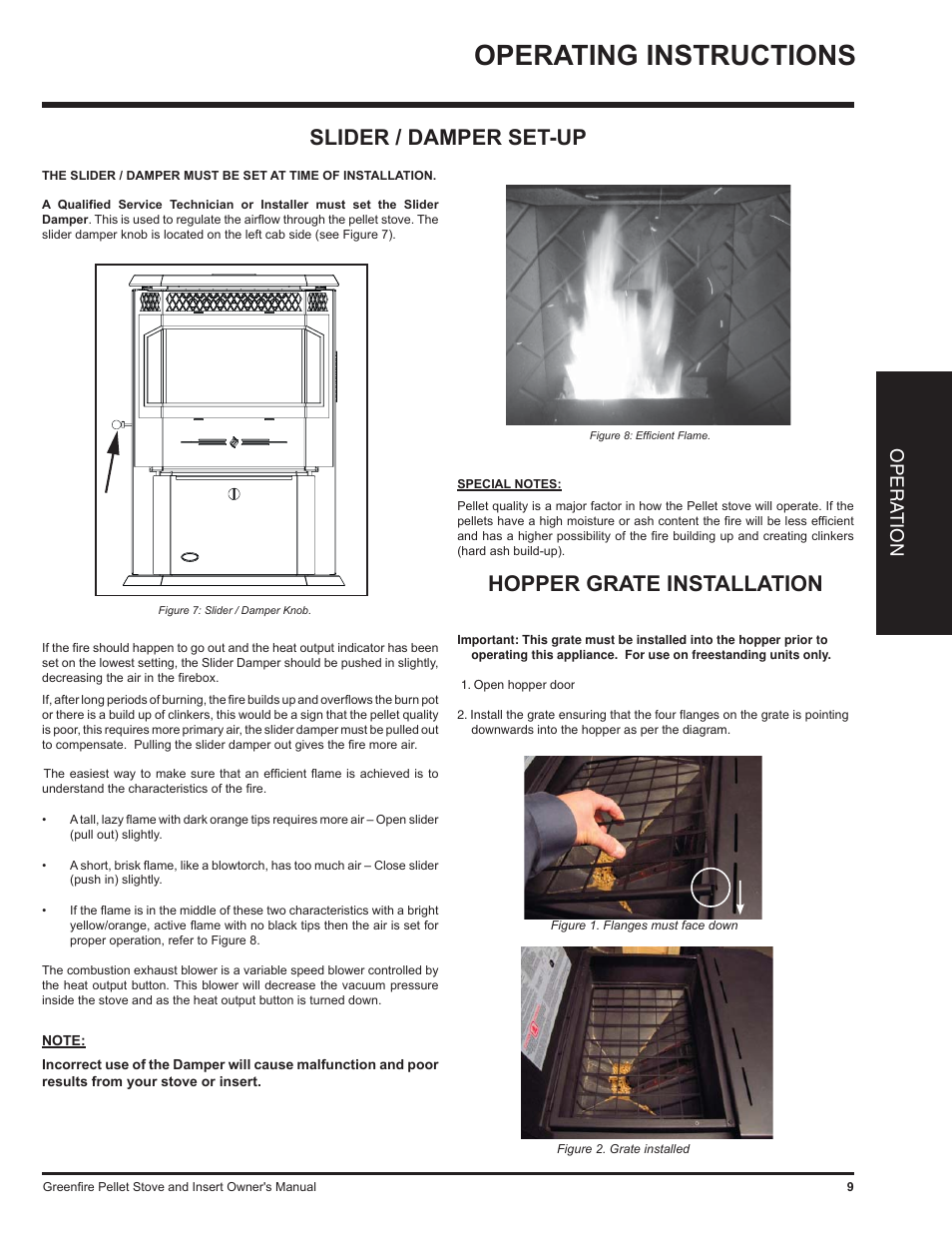 Operating instructions, Slider / damper set-up, Hopper grate installation | Opera tion | Regency Freestanding and Fireplace Insert Pellet Stove GF55 User Manual | Page 9 / 16