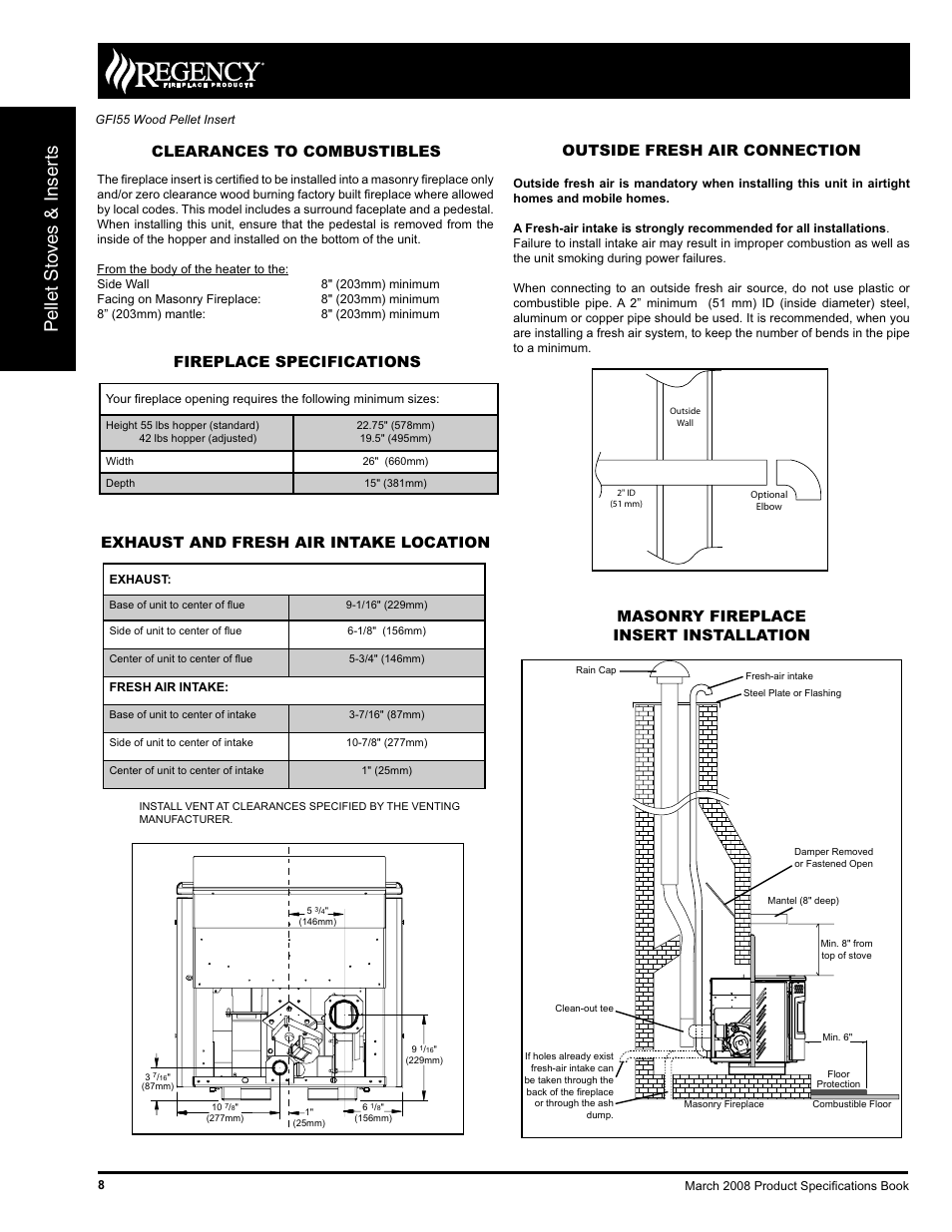 Gas inbuilt, Pellet sto v es & inser ts, Exhaust and fresh air intake location | Masonry fireplace insert installation, Outside fresh air connection | Regency Freestanding and Fireplace Insert Pellet Stove GFI55 User Manual | Page 2 / 2