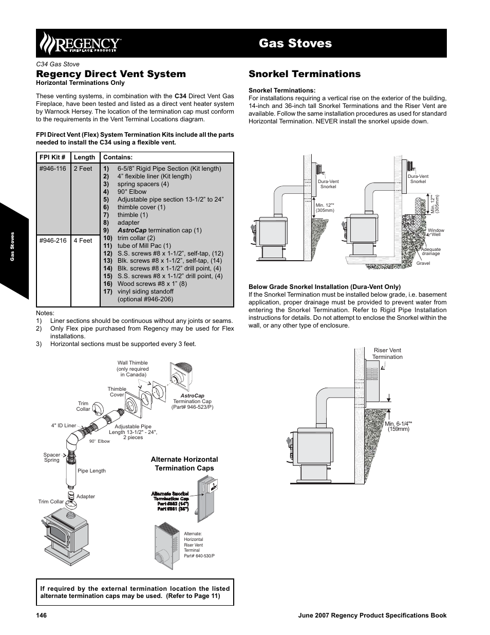 Gas stoves, Regency direct vent system, Snorkel terminations | Regency C34 User Manual | Page 2 / 5